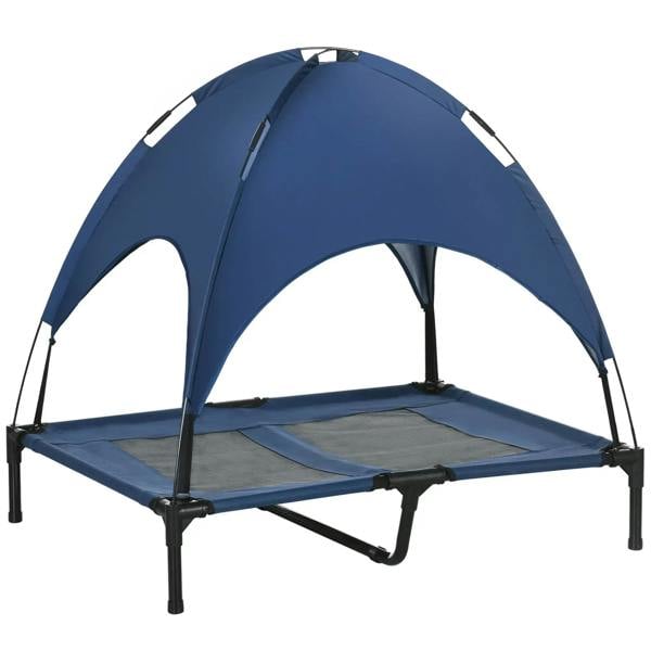 Blue elevated pet cot with arched canopy and breathable mesh sleeping surface