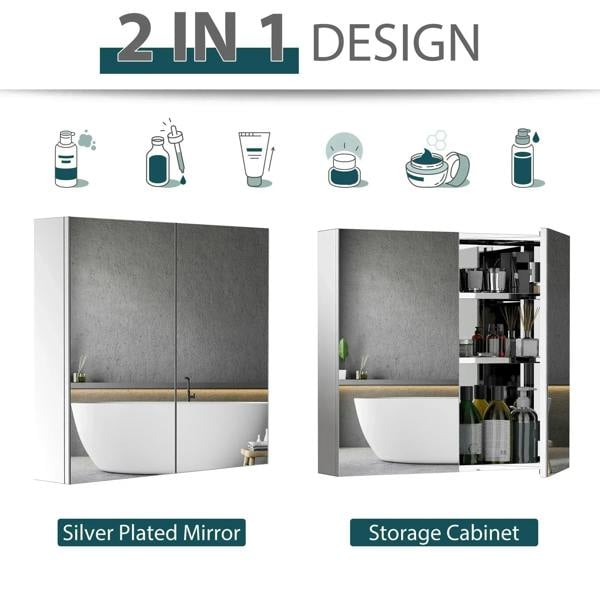 Bathroom mirror cabinet with double doors and open storage compartment design