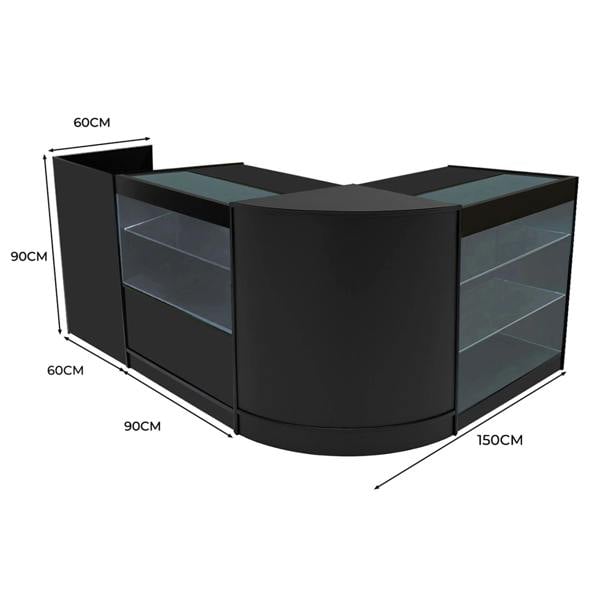 Vega LED Shop Counter Set in black, featuring sleek curved design, glass display shelves, and modern dimensions for retail spaces