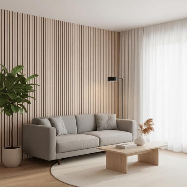Modern living room with a grey sofa, wooden coffee table, and slatted wall.