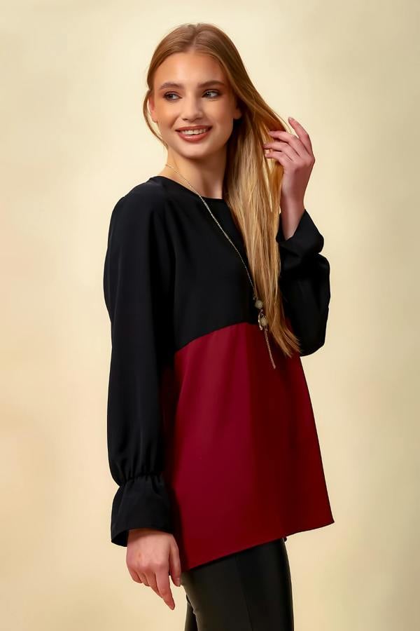 Hoxton Gal Colour Block Blouse in Black and Burgundy