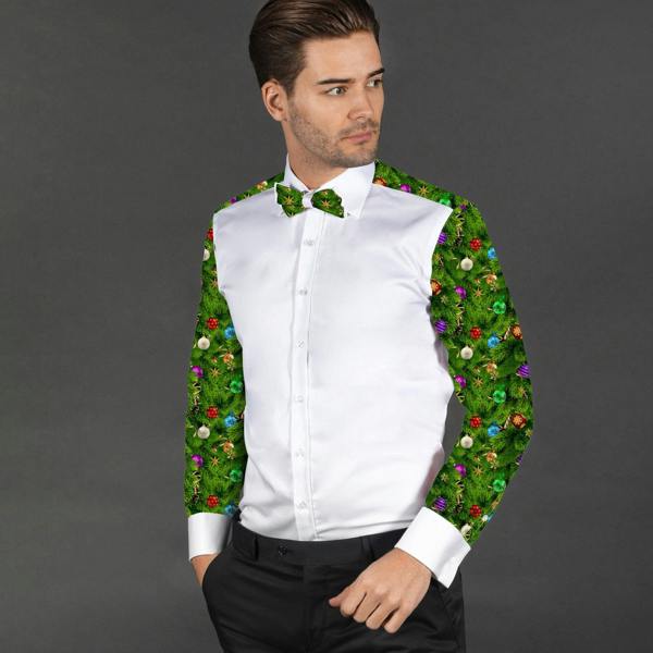 XMAS TREE PRINTED TUXEDO SHIRT WITH BOWTIE - Premium Men's Patterned Shirt by Claudio Lugli | Bold Design, Tailored Fit, Best Printed Shirts
