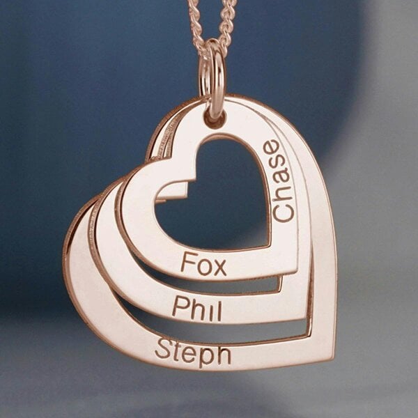 Christopher James of London 9ct Rose Gold Plated Triple Heart Personalised Family Necklace