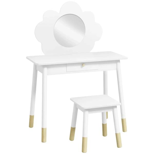 Kids white dressing table with round mirror, cloud-shaped back, and matching stool