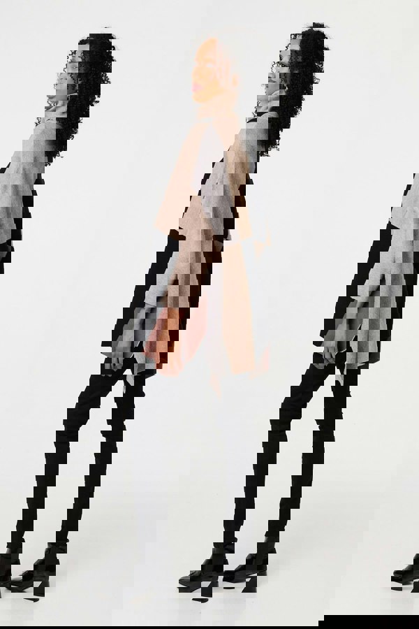 Beige | Colour Block Roll Neck Knitted Poncho
