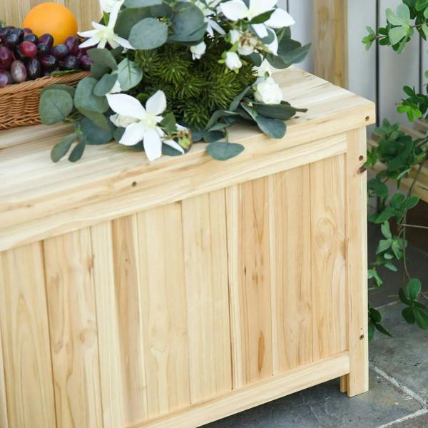 Natural wood storage bench front panel with hinged lid and raised back edge