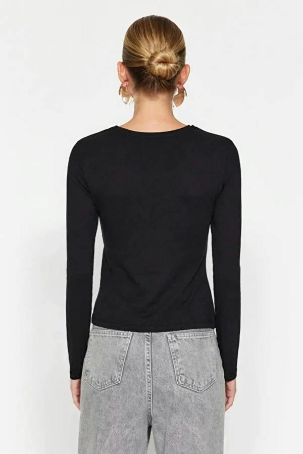 Hoxton Gal Single-Slit Detail Cotton Ruched Crew Neck Knit Blouse