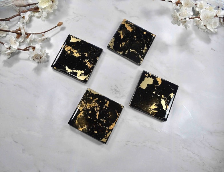 Kate Chesters Art Black Gold Resin Coasters for Drinks Set of 4