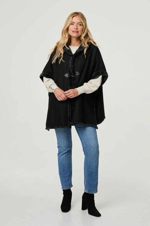 Black | Faux Fur Lined Hooded 1/2 Sleeve Poncho