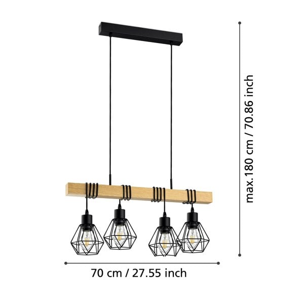 EGLO Townshend 5 Black/Natural Metal And Wood 4-Light Geometric Pendant - Industrial Style (L) 70cm