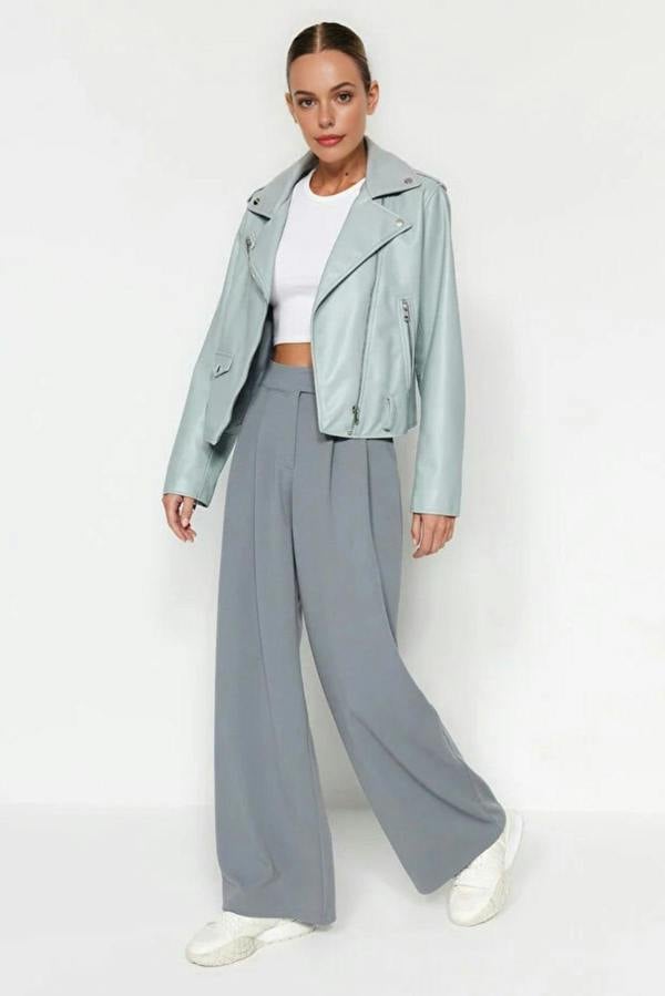 WOVCOR High Waist Pleated Wide Leg Trousers with Velcro Closure