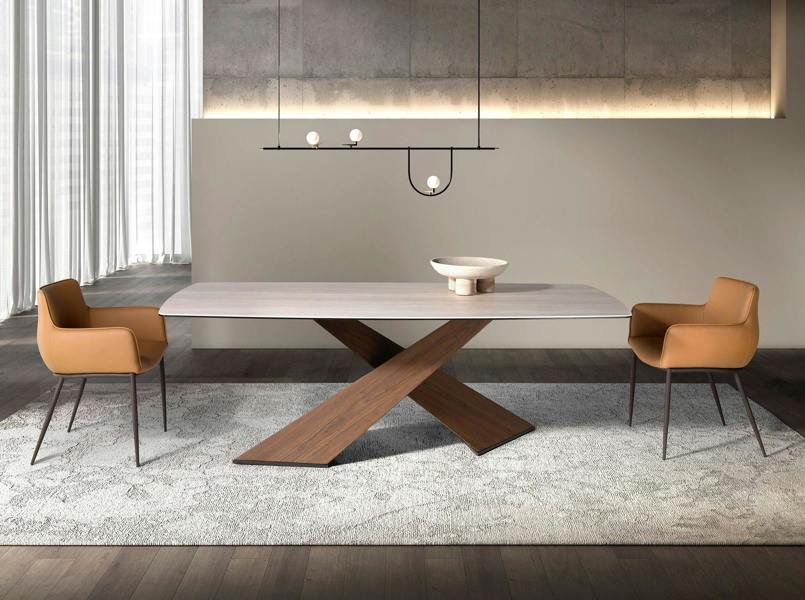 Angel Cerdá Oval dining table with barrel-shaped porcelain marble and walnut top 1175