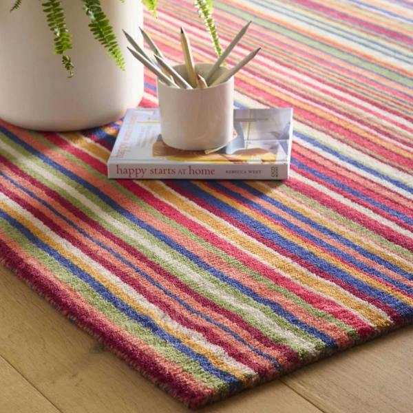 Colorful striped rug with a plant and book on top