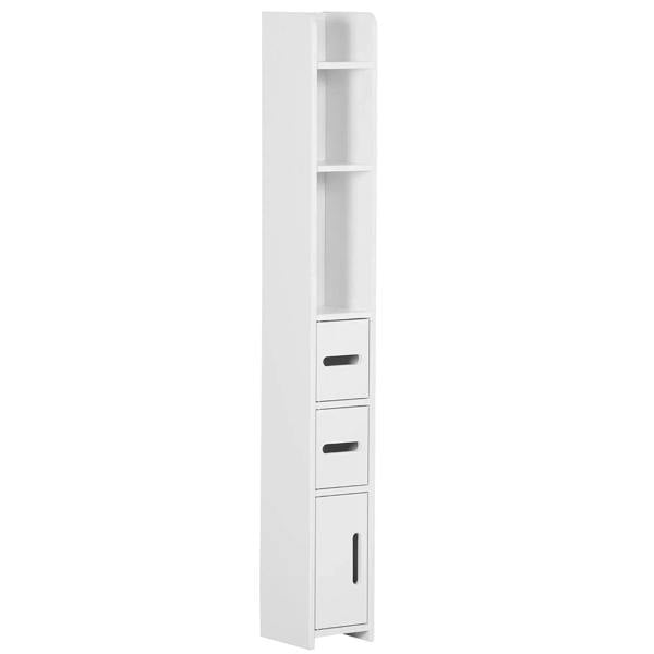 White freestanding bathroom storage cabinet with open shelves, two drawers, and a door