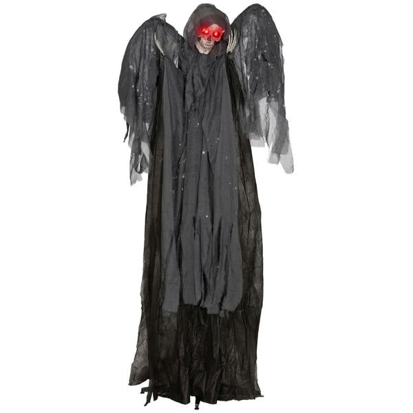 Hooded grim reaper animatronic in dark tattered robe with glowing red eyes
