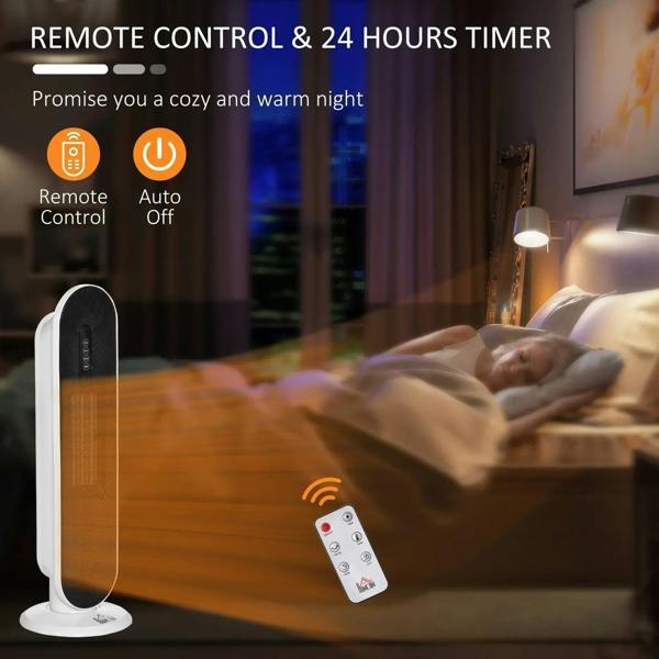 White ceramic tower space heater with remote control for operation