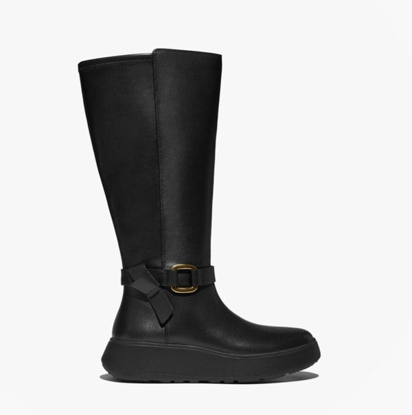FitFlop F-MODE SQUARE-RING LEATHER FLATFORM Ladies Tall Boots Blac