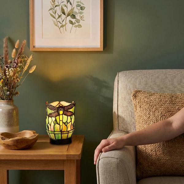 Classic Dragonfly Tiffany Uplighter Lamp in Green and Toned Amber Image 6