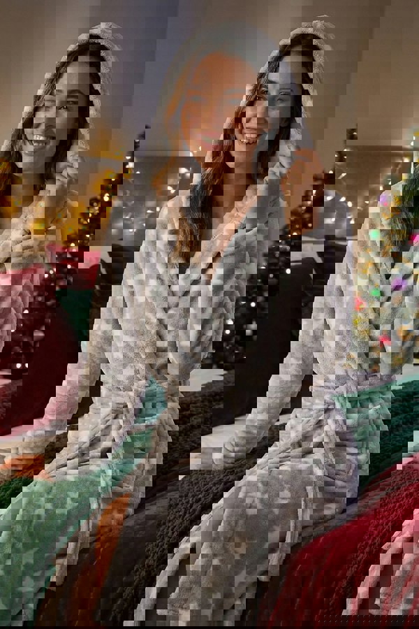 Camille Women's Grey Star Supersoft Fleece Hooded Calf Length Bathrobe