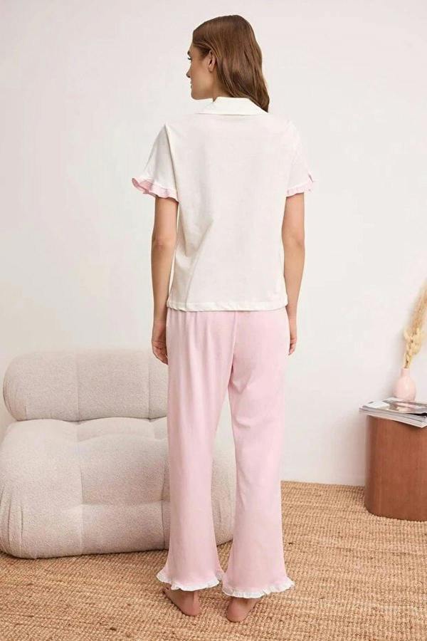 WOVCOR 2-Piece 100% Cotton Ruffle Detail Knitted Pajama Set