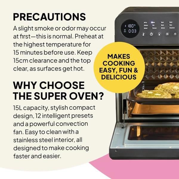 The Fridja f66 Super Oven – 15L Digital Air Fryer Oven showcases food inside, safety tips, convection cooking, multiple presets, easy cleaning, and is PFAS free. A yellow circle says: Makes cooking easy, fun & delicious.