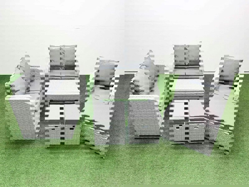 Fimous High Back Poly Rattan Garden Furniture Set with Reclining Chair Loveseat Sofa Oblong Coffee Table Indoor Outdoor Patio  Set 3 Stools Light Grey