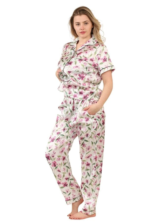 Luxury Floral Satin Pajama Set for Women - Short Sleeve Button-Up Top and Long Pants With pockets