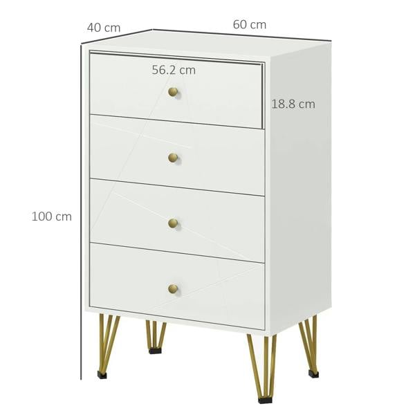 White 4-drawer dresser with gold knobs and hairpin legs, front view with labeled dimensions.