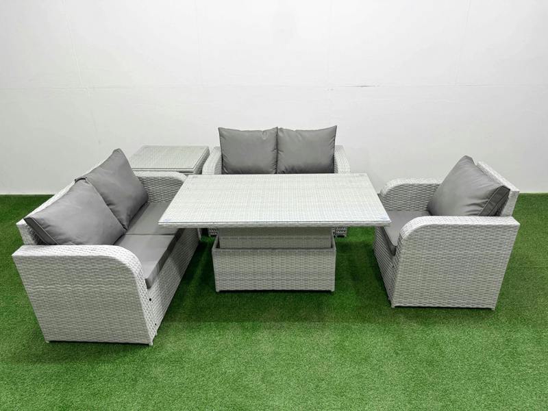 Fimous High Back Poly Rattan Garden Furniture Set, Adj Height Table, Reclining Loveseat, Indoor Outdoor Patio and Side Table, Light Grey