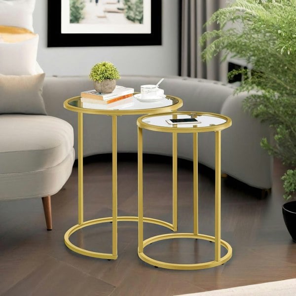 Rafaelo Mobilia Set Of 2 Round Gold Nesting Tables With Tempered Glass