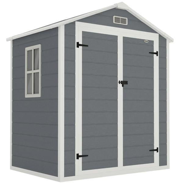 Grey garden storage shed with double doors, window, side vent, and lockable hardware