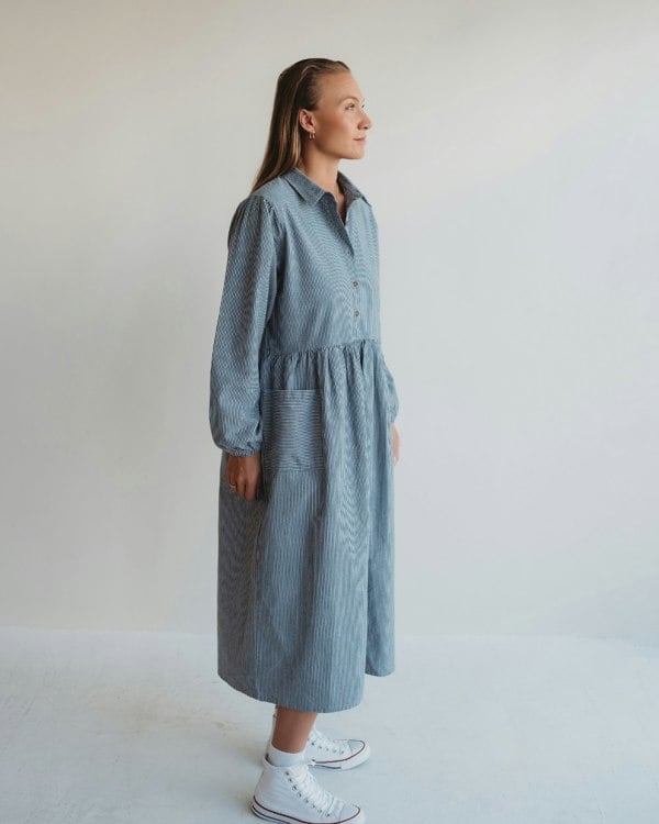 Magda Blue Pinstripe Print Long Sleeve Midi Dress- image 5
