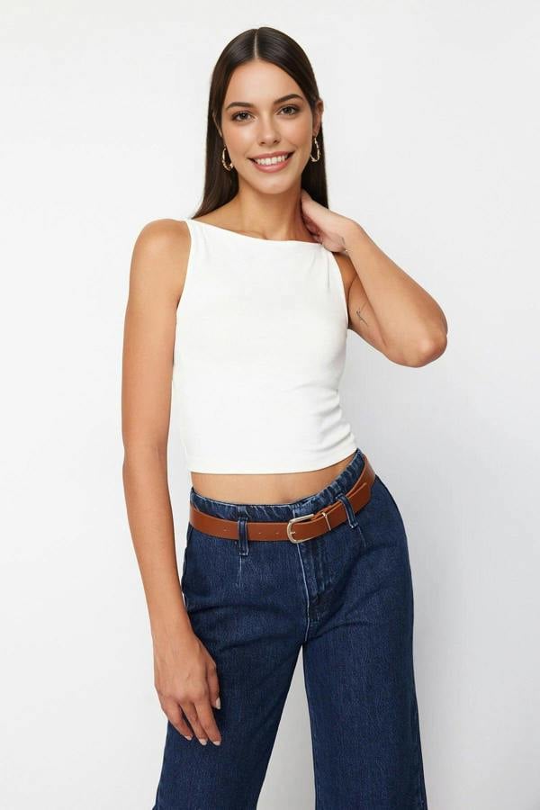 WOVCOR Strapped Fitted Stretch Knit Blouse