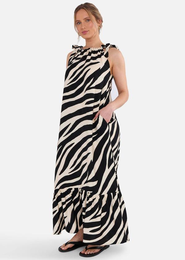 Gini London Mono Zebra Print Tie Shoulder Maxi Dress