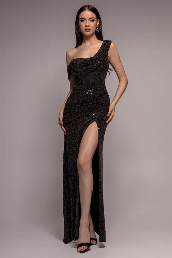 Cowl Neck Glitter Draped Maxi Dress - Black DR4837