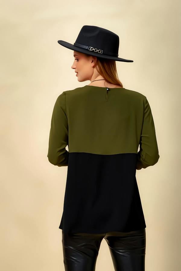Hoxton Gal Colour Block Blouse in Khaki and Black