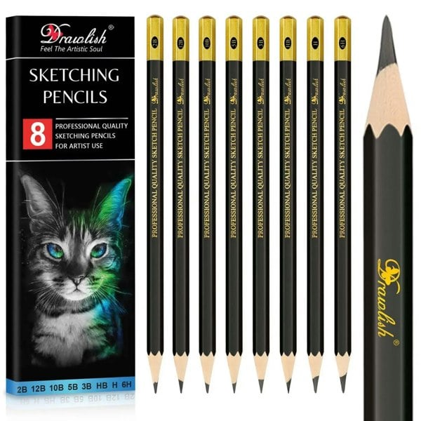 Drawlish Sketch Pencils For Drawing Set of 8 - 2B 12B 10B 5B 3B HB H 6H Arts Pencils