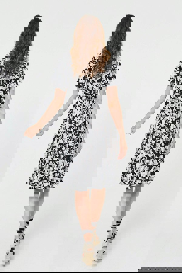 Black | Floral Shirred Knee Length Dress