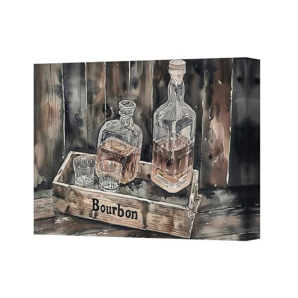 Benjamin Tate Design Bourbon Bottles Canvas Art Print On Deep Wooden Gallery Frame