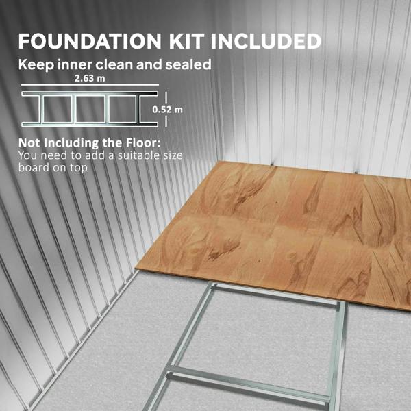 Metal shed foundation kit with rectangular base frame and wooden top panel
