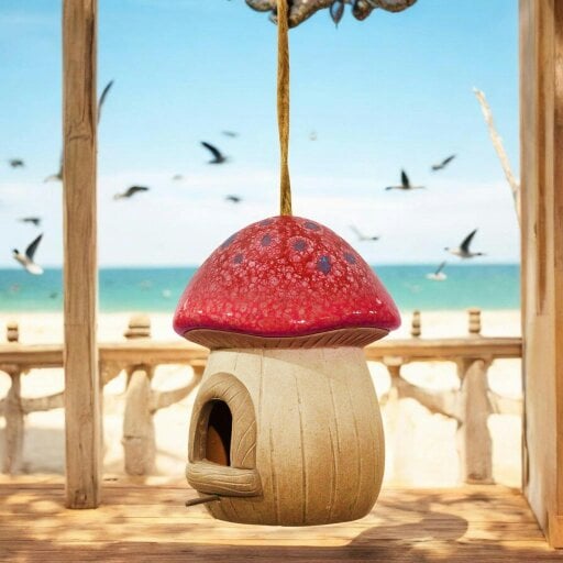 EDH Door Hardware Hand painted Red Terracotta Mushroom Bird House - Garden Décor, Fairy Cottage Style, Outdoor Hanging Birdhouse