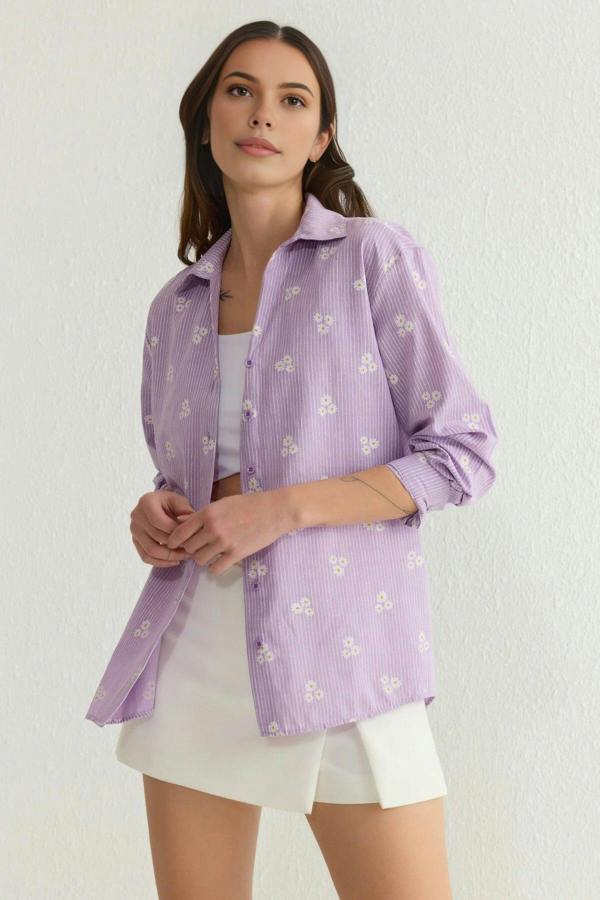 WOVCOR Striped Floral Pattern Cotton Oversize Woven Shirt