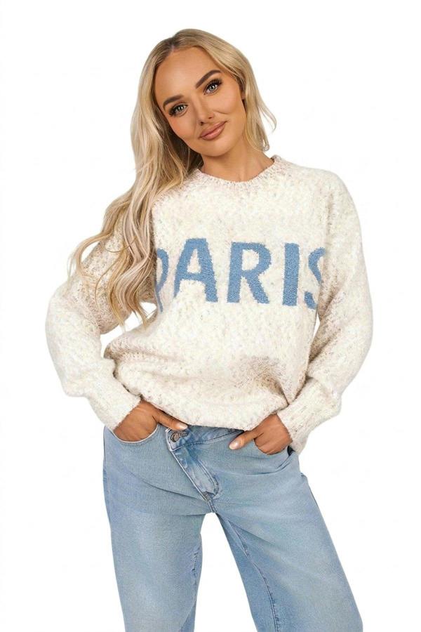 Jalina Long Sleeve Oversized Knitted Jumper With Paris Slogan - Stone_wb