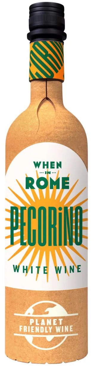 a bottle of Pecorino 'When in Rome' white wine from Abruzzo, on a white background
