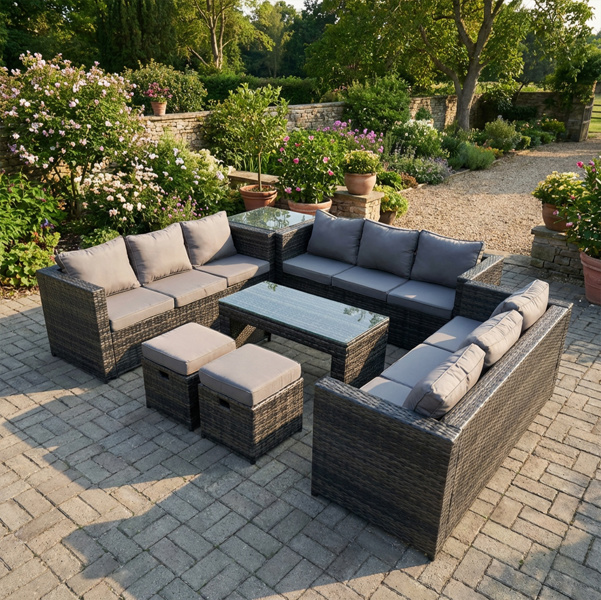 Fimous 11 Seater Rattan Outdoor Garden Furniture Set with 3 Sofas, Coffee Table, 2 Stools & Side Table - Dark Grey