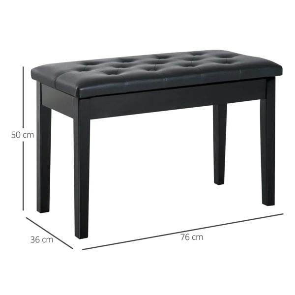 Black tufted upholstered piano stool bench with four legs; 76 x 36 x 50 cm