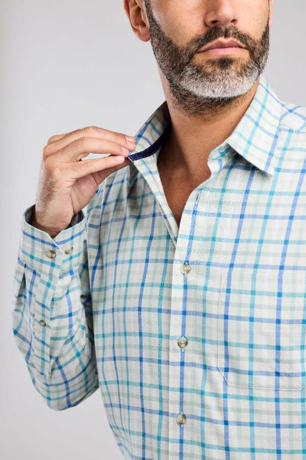 Mist Blue Warm Handle Plaid Formal Shirt