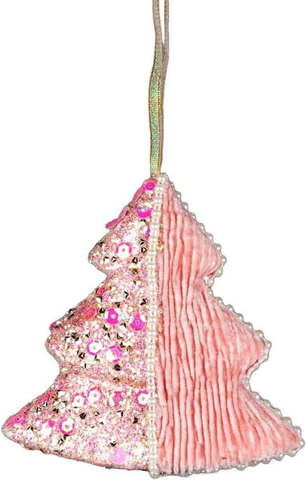 12cm Baby Pink Glitter Tree Hanging Decorations, 3 Piece Set with Pearls and Sequins image 3