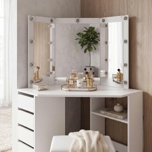 Kosy Koala White Dressing Table Wood Makeup Desk with LED Mirror 5 Drawers Corner