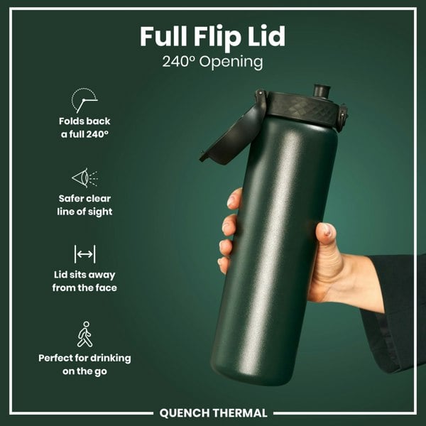A dark-green water bottle with a flip-lid is held by a hand against a dark-green background; the lid folds back 240°.
